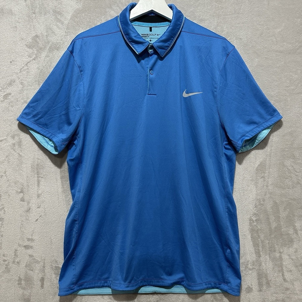 Nike Dri-Fit Golf Polo Shirt Men's L Blue Short Sleeve Modern Fit Collared Logo
